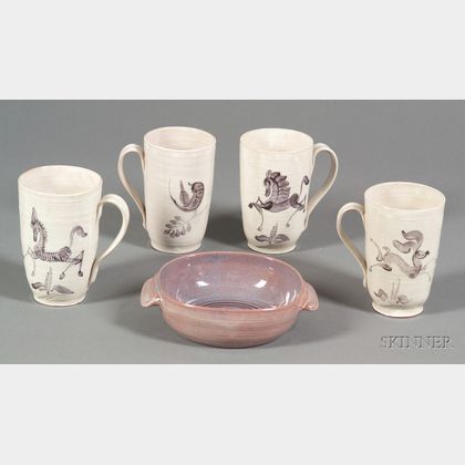 Edwin and Mary Scheier Pottery Low Bowl and a Set of Four Mugs