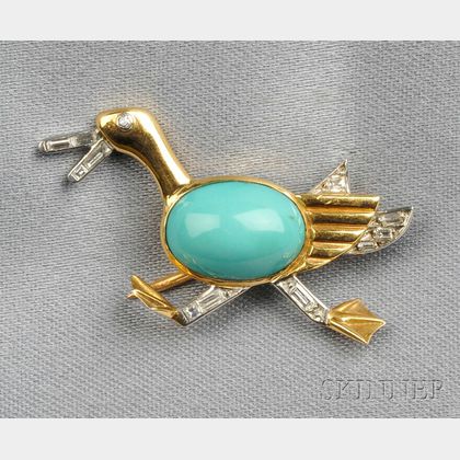 Platinum, 18kt Gold, Turquoise, and Diamond Duck Pin, Marchak