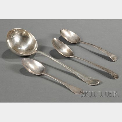 Three Silver Serving Spoons and a Ladle