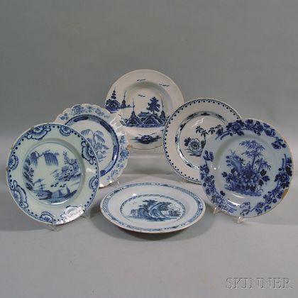 Six Blue and White Delft Plates