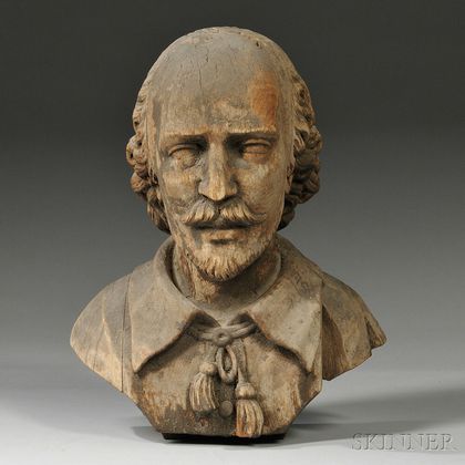 Gray-painted Carved Pine Bust of William Shakespeare