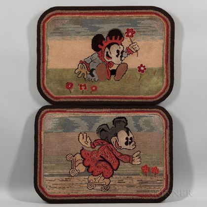 Pair of Early "Pie Eyed" Mickey and Minnie Mouse Hooked Rugs