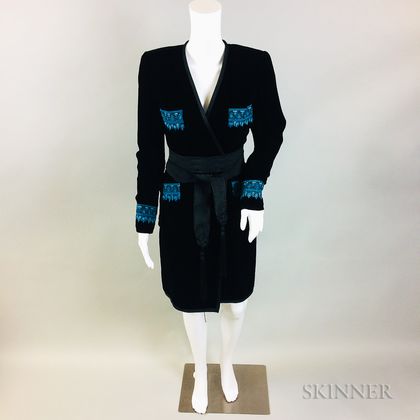 Oscar de la Renta Black Velvet Coat with Electric Blue Embroidery