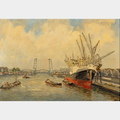 Joop Molenaar (Dutch, 1914-1990) Bustling Harbor