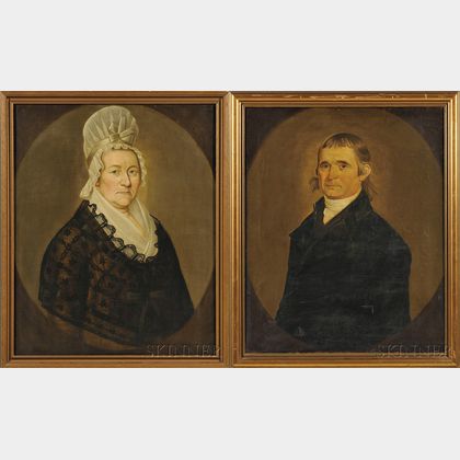 Attributed to William Jennys (American, ac. 1795-1805) Portraits of Jabez Baldwin and His Wife Lydia.