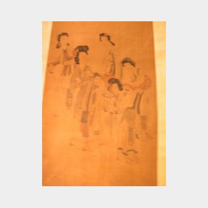 Chinese Scroll Painting on Silk Depicting Six Women Enroute to a Party. 