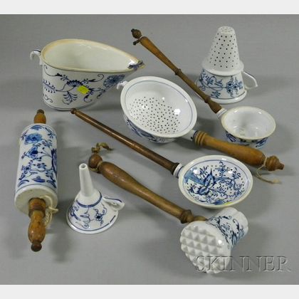 Eight German Blue and White Meissen-style Decorated Porcelain Kitchen Items