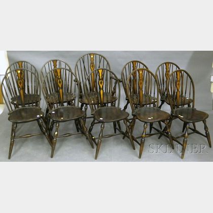 Set of Ten Windsor-style Maple Braced Bow-back Side Chairs