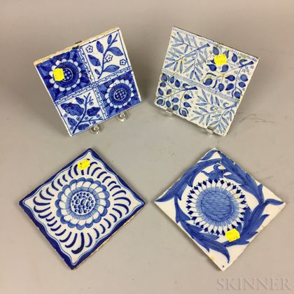 Four Blue and White Ceramic Tiles