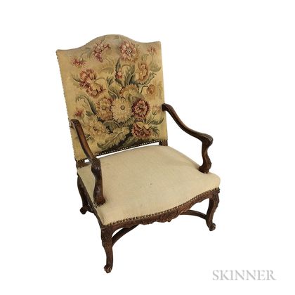 Louis XV-style Carved and Upholstered Walnut Fauteuil