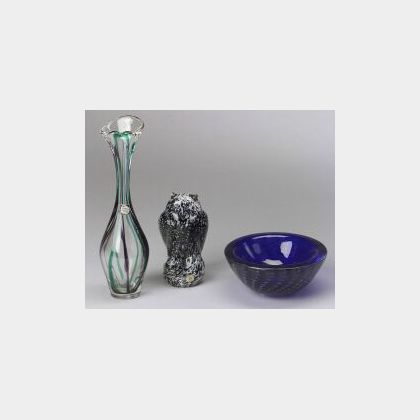 Maastricht Glass Vase, Reijmyre Owl Figure and Cobalt Blue Glass Bowl