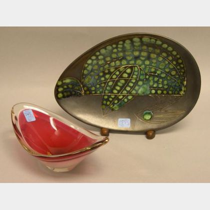 Modern Art Glass Bowl and a Glazed Ceramic Dish. 