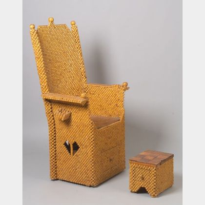 Tramp Art Wooden Spool Chair and Ottoman. 