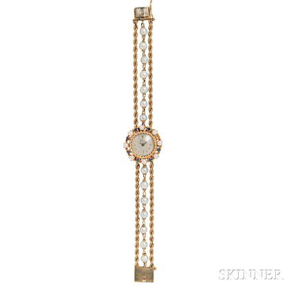 14kt Gold, Cultured Pearl, and Sapphire Wristwatch, Peter Bisot