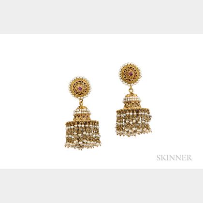 Anglo-Indian High-karat Gold and Pearl Earrings