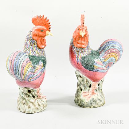 Pair of Contemporary Chinese Porcelain Roosters