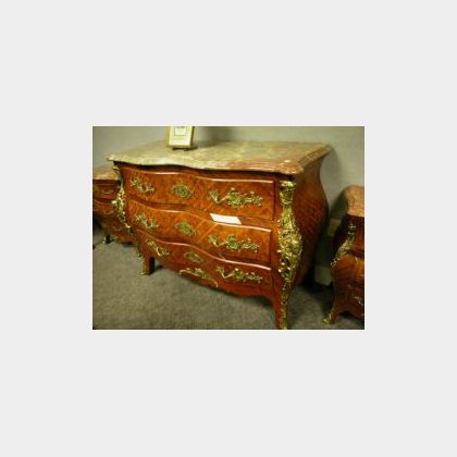 Louis XV Style Marble-top Ormolu Mounted Parquetry Bombe Commode. 