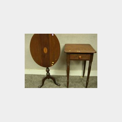 Chippendale-style Mahogany Inlaid Oval Tilt-top Candlestand and a Federal Birch and Cherry One-Drawer Stand. 