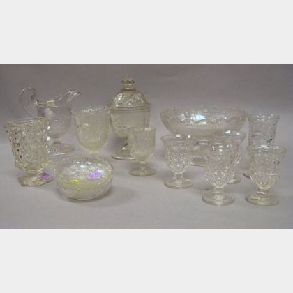 Fourteen Pieces of Assorted Colorless Pattern Glass Tableware. 