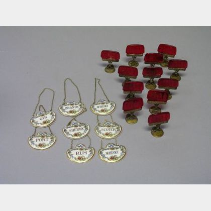 Set of Twelve Austrian Ruby Cut Glass and Gilt-metal Place Card Holders and a Set of Eight Coalport Porcelain Liquor Decanter Tags. 