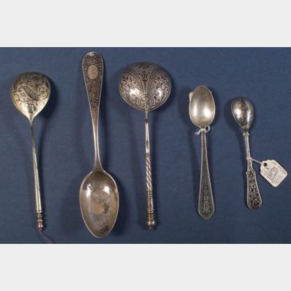 Eleven Russian Silver and Niello Spoons