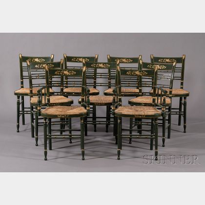 Set of Nine Green-painted and Freehand-gilt Fancy Chairs Including Two Armchairs
