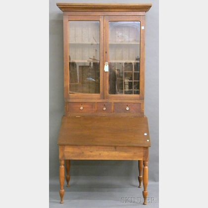 Country Late Classical Glazed Walnut and Birch Plantation Desk/Bookcase