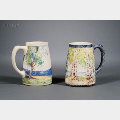 Two Salmagundi Club Painted Porcelain Mugs: George Glenn Newell (American, 1870-1947),View through the Trees
