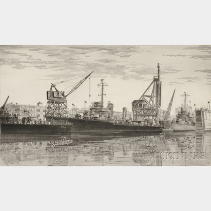 John Taylor Arms (American, 1887-1953) Two Shipyard Views: Battle Wagon - U.S.S. Alabama Outfitting at Norfolk Navy Yard, Crane Ship Ke