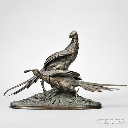 After Ferdinand Pautrot (French, 1832-1874) Bronze Group of Two Pheasants