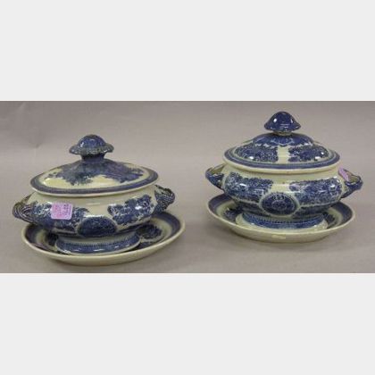 Pair of Chinese Export Porcelain Canton Blue and White Covered Sauce Tureens with Undertrays. 