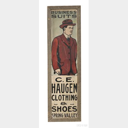 Painted Tin "BUSINESS SUITS" and "C.E. HAUGEN CLOTHING & SHOES" Advertising Sign