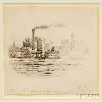 Framed Pencil Sketch Sugar Houses Attributed to Reynolds Beal