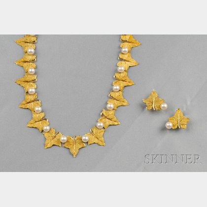 18kt Gold and Cultured Pearl Leaf Necklace and Earclips, Buccellati