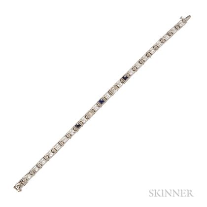 Art Deco 14kt White Gold, Synthetic Sapphire, and Diamond Filigree Bracelet