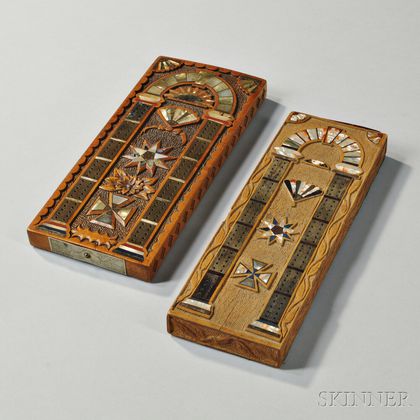 Two Carved Mother-of-pearl- and Hardwood-inlaid Cribbage Boards