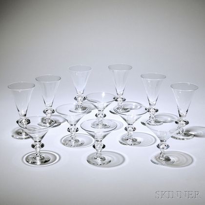 Barware Set, Steuben, mid-20th century, comprised of nine martini glasses and twenty-five goblets, pattern #7737, some marked Steuben, 