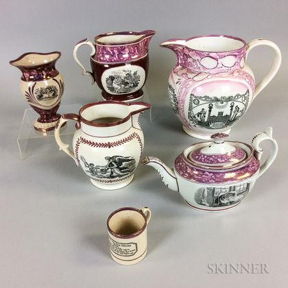 Six Transfer-decorated Pink Lustre Ceramic Tableware Items