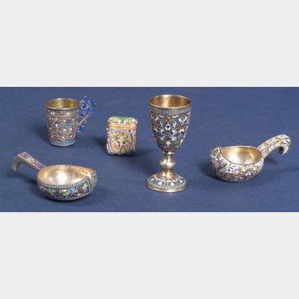 Five Small Russian Silver Enamel Tablewares