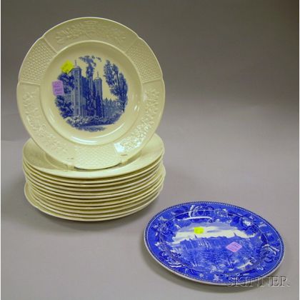 Set of Thirteen Wedgwood Embossed Queen's Ware and Blue Transfer Decorated Wellesley College Dinner Plates