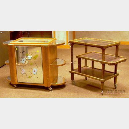Grain-painted Wooden Beverage Cart and a French Art Deco Revolving Mirrored Liquor Cabinet. 