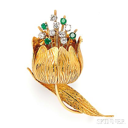 18kt Gold, Emerald, and Diamond Tulip Brooch, Cartier