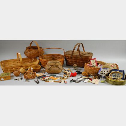 Eleven Assorted Woven Baskets with a Lot of Assorted Vintage Sewing Accessories and Notions. 
