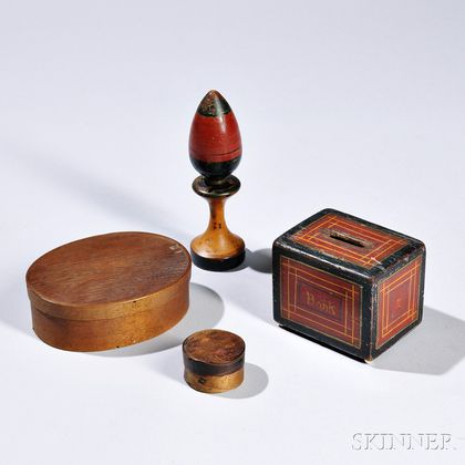 Four Wooden Items, 19th century, including a miniature circular bentwood box, an oval bentwood box, a painted rectangular still bank le