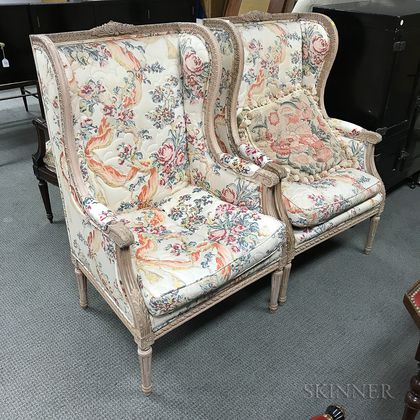 Pair of Louis XVI-style Upholstered and Molded Bergeres