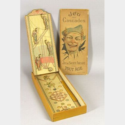 Boxed Lithographed Wood and Board Clown Bagatelle "Jes Des Cascades,"