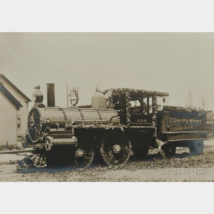 Framed Albumen Photograph Depicting a Replica Boston & Maine Garland and Black Cloth-draped Processional Replica Locomotive