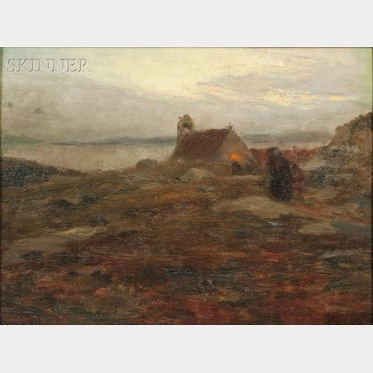 Oscar Koelliker (Swiss, b. 1882) Quiet Coastal View with Church at Dusk