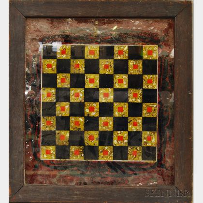 Framed Reverse-painted Glass "Tinsel" Game Board and an Lakeside Autumn Landscape. Estimate $200-300