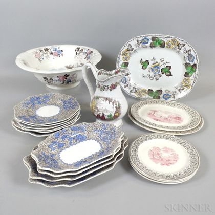 Eighteen Polychrome Transfer-decorated Ceramic Tableware Items